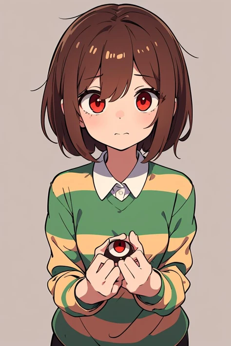 (masterpiece, best quality), 1girl,  <lora:Chara_Undertale:1> chara undertale, red eyes, brown hair, short hair, striped shirt