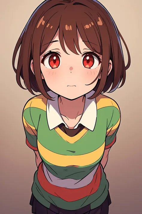 (masterpiece, best quality), 1girl,  <lora:Chara_Undertale:1> chara undertale, red eyes, brown hair, short hair, striped shirt