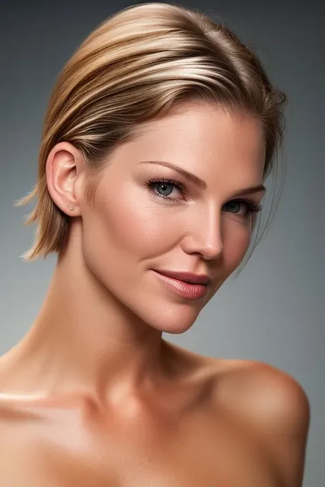 (CR-Trici4Helfer-summer4love263:0.9), (face closeup:1.2) photo of young woman, grey background, (undercut hair:1.0), (oiled shiny skin:1.0),