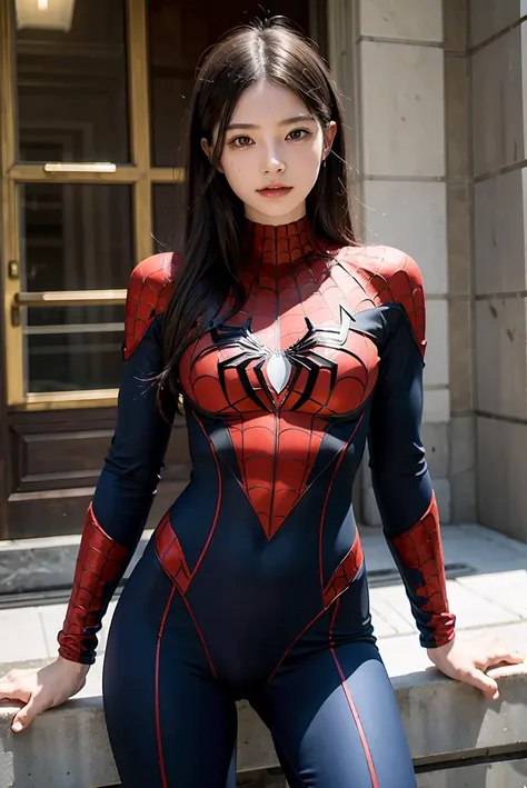 1 girl in 2D, wavy black hair, king, dressed as spiderman