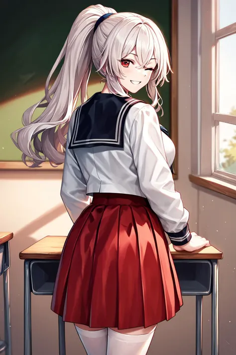 score_9, score_8_up, score_7_up, score_6_up, rating_safe, source_anime, best quality, masterpiece, detailed background, detailed eyes, classroom, from behind view, <lora:olivia-berry-xl-04:1>, olivia berry, white serafuku, red skirt, white thighhighs, long hair, ponytail, red eyes, medium breasts, full breasts, looking back, wink, grin,