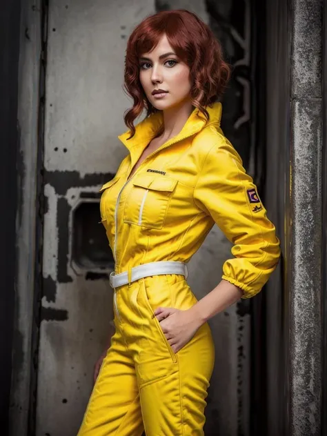 April, close up portrait, yellow jumsuit, photography, trending on artstation, sharp focus, studio photo, intricate details, highly detailed, by greg rutkowski <lora:April:0.7>
