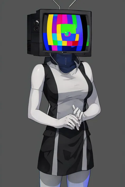 masterpiece, best quality, 1girl, solo, standing, <lora:monitor-head:0.9> monitor head, >_<, (SMPTE color bars)