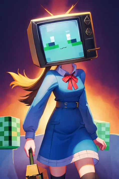 masterpiece, best quality, 1girl, solo, <lora:monitor-head:0.9> monitor head, ( >_<:1.3), minecraft