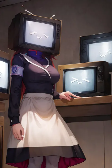 masterpiece, best quality, 1girl, solo, <lora:monitor-head:1.0> monitor head, ( >_<:1.2), static, television, crt, cctv, maid, juliet sleeves, security room, (grey background,:0.7) tv wall, long sleeves, wrist cuffs,