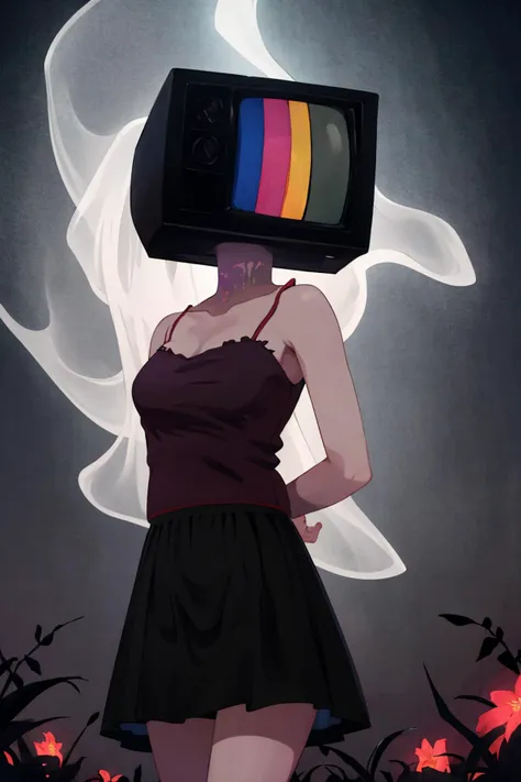 masterpiece, best quality, 1girl, solo, standing, <lora:monitor-head:0.9> monitor head, (SMPTE color bars:1.2), static, film grain, darkness, dark, night, night sky, glow, haze, (bloom:1.3), fog, camisole, skirt, arms behind back