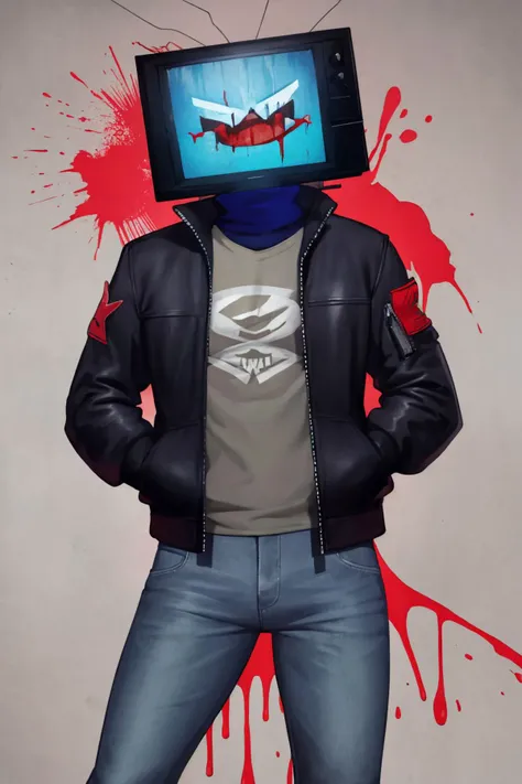 masterpiece, best quality, 1boy, solo, standing, <lora:monitor-head:0.9> monitor head, arms at sides, jeans, bomber jacket, angry, red theme, blood,
