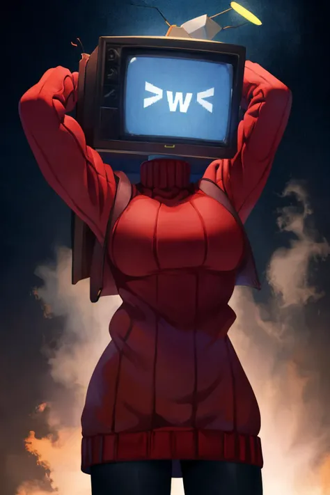 masterpiece, best quality, 1girl, solo, standing, <lora:monitor-head:0.9> monitor head, static, film grain, darkness, dark, night, night sky, glow, haze, (technicolor:1.6), fog, ribbed sweater, long sleeves, cozy, knit sweater, arms behind head