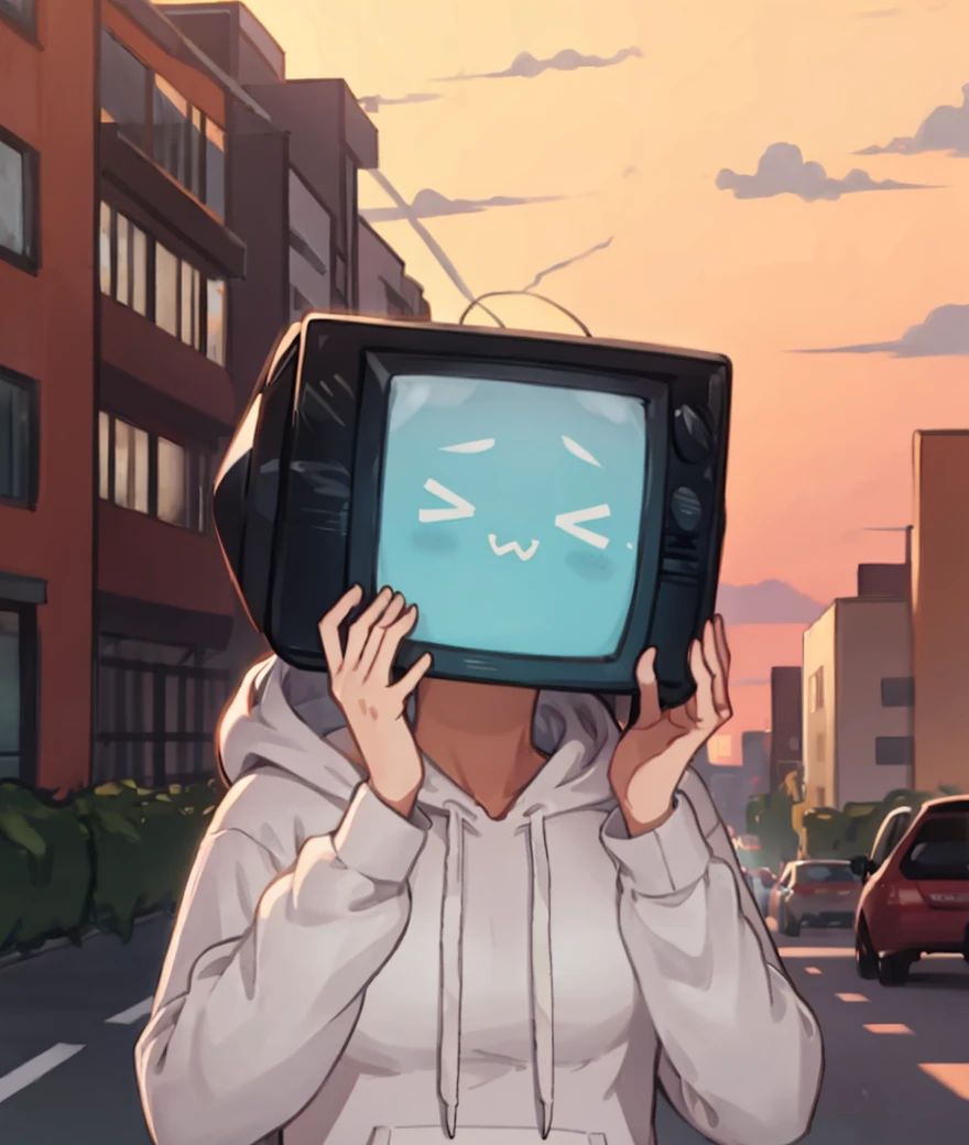 monitor head, hoodie, hands on own face, >_<, female, outdoors,
<lora:monitor-head:1>