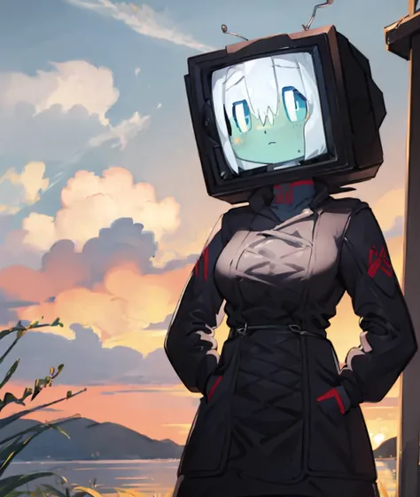 monitor head, dress, hands in pockets, hands on own face, blue eyes,  female, outdoors, 
<lora:monitor-head:1>