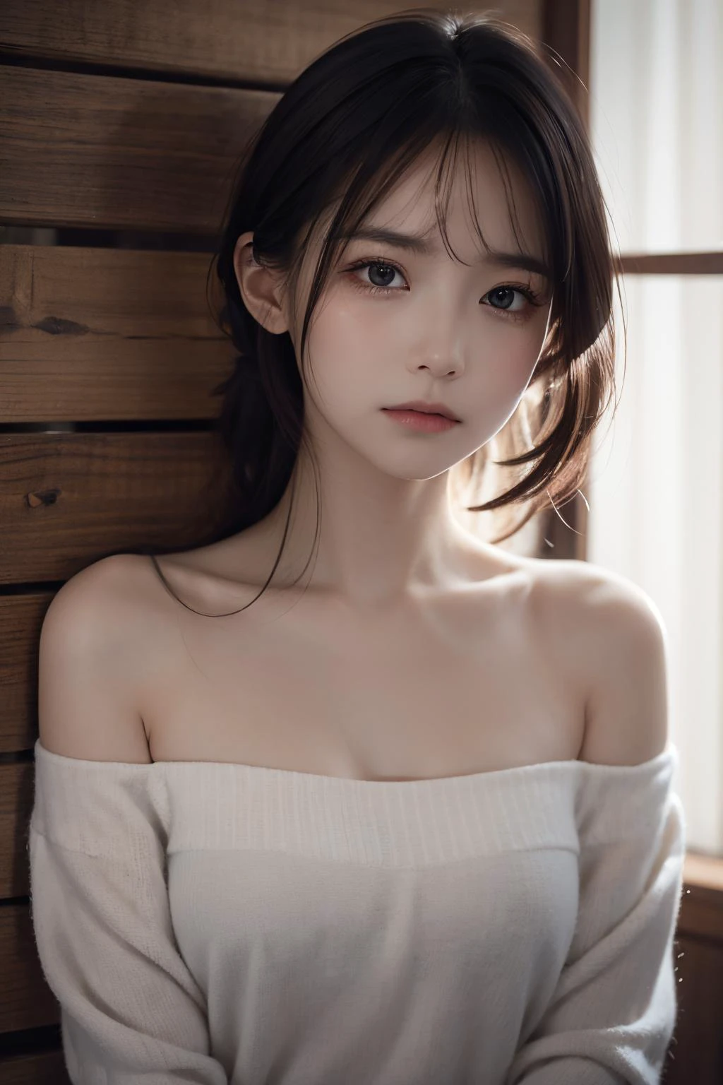 Best quality, masterpiece, ultra high res, (photorealistic:1.4), raw photo, (Authentic skin texture:1.3), (film grain:1.3), panorama, character portrait, very wide shot, narrow waist, cowboy shot, (in the dark, deep shadow, low key, cold light,) night, close-up, streaming tears,
indoor, dust, Tyndall effect, sad, disappointed, gloom (expression), sitting, (against wall), crying, frown, (head bowed), nervous, tearing up, lonely,
1girl, beautiful detailed eyes and face, white jabot, off shoulder, brown eyes,
<lora:asianGirlsFace_v1:0.4> <lora:FilmG4:0.6>