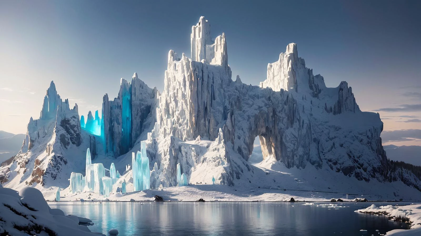 (masterpiece:1.3),illustration:1.0,(shadow:1.0), night,
(clear,shiny:1.0),best quality,ultra-detailed,
(A beautiful painting of summer baikal, ice castles on islands by Brent Rombouts and Zihan Ye, ice mountains in the distance, Trending on artstation.)