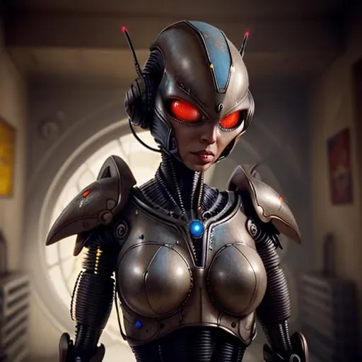 A still from a film showing a female mech pilot standing in front of her (Large combat mech:1.3), Sci-Fi Armor, military base, Strong winds, Sci-fi helmet in hand, visor, Detailed eyes, dry skin, Skin fuzz, Visible skin hair, Skin blemishes ,, Shallow depth of field, Vignette, Very detailed, big budget hollywood movie, Bokeh, CinemaScope, Sulky, amazing, nice, Film Grain