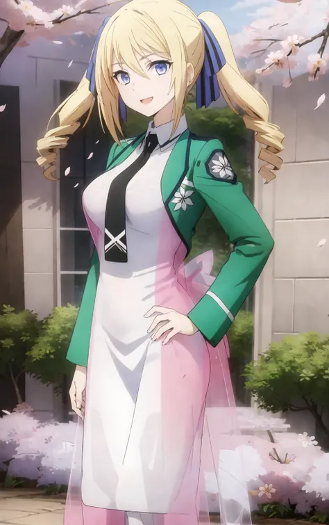 (masterpiece, best quality:1.3), angelina, 1girl, solo, (full_body_shot:1.2), mahouka_uniform, green_jacket, white_sleeveless_dress, star_print, looking_at_viewer,
(front_view:1.3), female_focus, solo_focus, (view_straight_on:1.3), (blush:0.5),
white_long_dress, (see-through lace dress:1.2), blue_ribbon, necktie, black_shoes, big_breasts, posing,
garden, lake, (flowers, sakura, petals_floating, day, dating, happy:1.3), (phantasy:1.1),