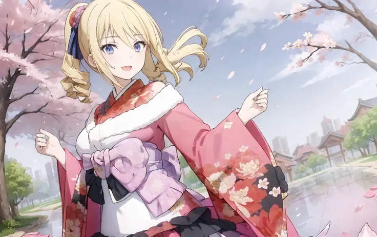 (masterpiece, best quality:1.3), angelina, 1girl, solo, (full_body_shot:1.2), mahoushoujo_kimono, pink_flower, obi, japanese_clothes, kimono, fur_trimmed_kimono, bow,
looking_at_viewer, (front_view:1.3), female_focus, solo_focus, (view_straight_on:1.3), (blush:0.5),
blue_ribbon, black_shoes, big_breasts, (posing:1.2),
garden, lake, (sakura, petals_floating, day, dating, happy:1.3), (phantasy:1.1),