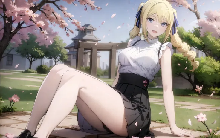 (masterpiece, best quality:1.3), angelina, 1girl, solo, (full_body_shot:1.2), blonde_hair, (white_sweater, sleeveless_sweater, black_pleated_skirt:1.2),
looking_at_viewer, (front_view:1.3), female_focus, solo_focus, (view_straight_on:1.3), (blush:0.5),
blue_ribbon, black_shoes, big_breasts, posing,
garden, lake, (sakura, petals_floating, day, dating, happy:1.3), (phantasy:1.1),