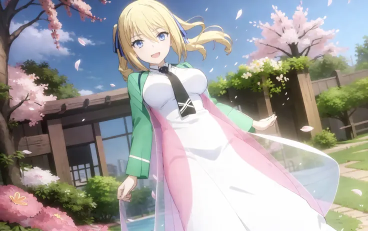 (masterpiece, best quality:1.3), angelina, 1girl, solo, (full_body_shot:1.2), mahouka_uniform, green_jacket, white_sleeveless_dress, star_print, looking_at_viewer,
(front_view:1.3), female_focus, solo_focus, (view_straight_on:1.3), (blush:0.5),
white_long_dress, (see-through lace dress:1.2), blue_ribbon, necktie, black_shoes, big_breasts, posing,
garden, lake, (flowers, sakura, petals_floating, day, dating, happy:1.3), (phantasy:1.1),