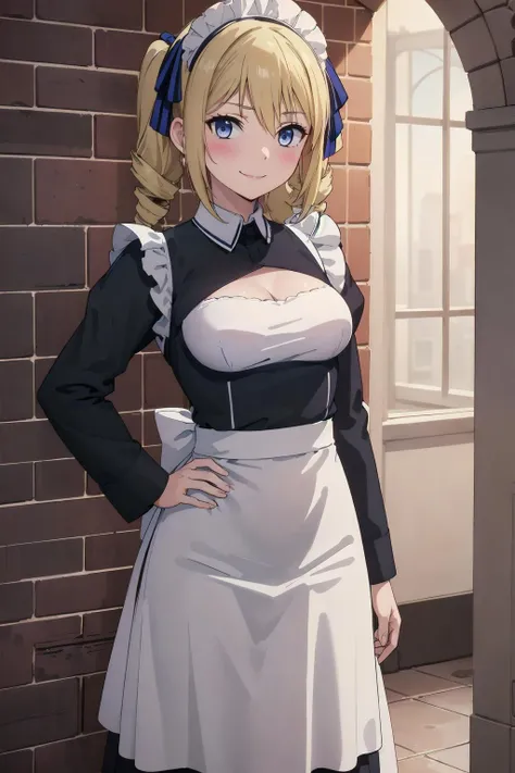 (masterpiece, 4k, best quality, highly detailed, 1girl, solo, small breasts, blush, outdoors, long sleeves), smirk, looking at viewer, ((hand on own hip, maid, maid apron, maid headdress, long skirt, knees together)), blue ribbon, angelina, <lora:angelina_v1.5:0.6>