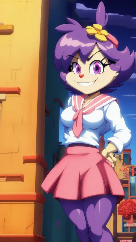 furry female,solo,dot_warner_shoujo,short hair,bangs,flower,hair ornament,purple eyes,animal ears,body fur,tail,school uniform,serafuku,short skirt,pink skirt,smile,looking at viewer,city,<lora:dot_warner_shoujo-000004:1>,(shantae_styleAI:0.7),