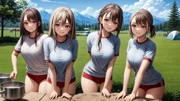 <lora:trueBuruma_v26green:0.13>,buruma,gym uniform,masterpiece,best quality,extremely detailed illustration,(3 girls group:1.3),shiny skin,detailed,cute girl,15 year old,(cowboy shot),standing and put their hands on the table,beautiful face,beautiful hair,detailed tree, detailed sky and cloud,sunny campsite,detailed camping equipment,wood table,outdoor chair,canned juice,mini stove, pot,tarb,tent,mountain,river,(smile:0.8),they are enjoy camp,energetic attitude,drinking,<lora:hyperdetailer_v095:0.32>