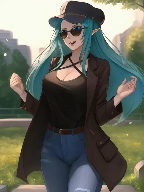 incredibly absurdres, best quality, 8k wallpaper, detailed illustration, digital art, looking at viewer, mature female character, 1girl, troll face, medium breasts, cleavage, aqua hair, hair intakes, (Prehensile hair:1.4), wearing criss-cross halter , long coat and jeans, sunglasses and friendship charm and deerstalker, (standing cowboy shot:1.2), outdoors and ( hail:1.2), finely detailed background, amazing background