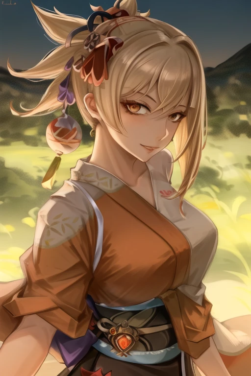 High detail, digital painting, intricate, 8k, ((highly detailed)), cinematic lighting, dramatic light, intense, sharp focus, best quality, hyper detail.
Yoimiya \(genshin impact\), blonde hair, 1girl, solo, japanese clothes, hair ornament, orange kimono, kimono, Japanese scenery in the background, dramatic pose, epic, stunningly attractive, cinematic lighting, vivid colors, looking at viewer, (happy:0.9), friendly, playful <lora:Yoimiya_hardpruned:1>
<lora:lsls79Style_lsls79Final:0.9>