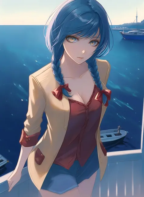 lsls style, incredibly absurdres, best quality, detailed illustration, digital art, looking at viewer, standing cowboy shot, premature female character, 1girl, crazy, light brown eyes, flat chest, no cleavage, taut shirt, cleavage, (Dyed Bangs, tri braids:1.4), blue hair, gradient hair, wearing tailcoat and petticoat, no hair accessories and no headwear, (harbor:1.3), finely detailed background, amazing background