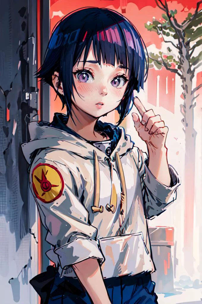 solo, shy, blush, looking down, pov, facing viewer, <lora:hinata_hyuuga:0.75> hinata_hyuuga, white eyes, no pupils, short hair, blue hair, blunt bangs, sidelocks, hoodie, forehead protector, jacket, blue pants, <lora:ponsuke:1>, absurdres, ultra detailed, masterpiece, best quality, aesthetic, detailed,