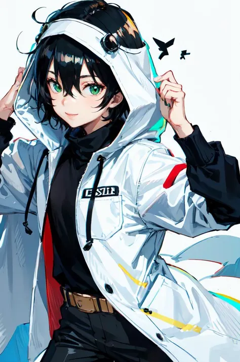 <lora:ponsuke-10:0.9>, ultra detailed, masterpiece, best quality, solo, smile, 1boy, green eyes, short hair, black hair, bangs, hair between eyes, messy hair, goggles on head, headband, white coat, hooded coat, hood down, open coat, turtleneck, capri pants, pants, black knee boots,