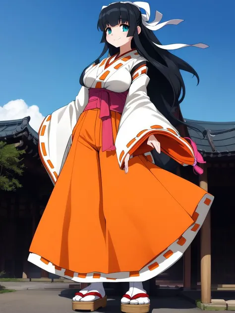 <lora:Yamagami_Shino:0.9>, yamagamishino, 1girl, solo, japanese clothes, long hair, miko, skirt, full body, tabi, hakama, sandals, black hair, long sleeves, wide sleeves, low-tied long hair, orange_hakama skirt, ribbon-trimmed sleeves, aqua eyes, standing, breasts, ribbon trim, smile, Japanese, sky,
masterpiece, high quality, very_high_resolution, large_filesize, full color,