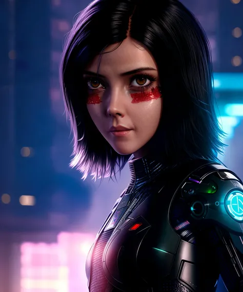 a sci-fi cyborg girl, artstation, uhd, hdr, cinematic, looking at viewer <lora:Alita:1>, (Cyberpunk), futuristic, neon, urban, dystopian