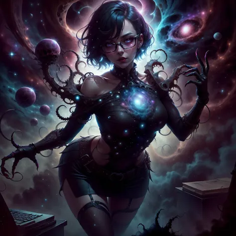 <lora:CosmicEldritchTech-20:1.2>,eldritchtech,cosmic, dark energy, Wraith,
office lady, bob cut, black hair, glasses, miniskirt,