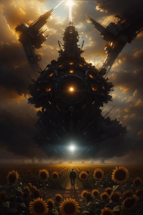 <lora:CosmicEldritchTech-20:1>, a field of sunflowers, sci-fi horror, dramatic lighting, 4k, concept art, highly detailed, volumetric lighting, global illumination, octane render, digital painting, trending on Artstation, sharp focus, illustration by Greg Rutkowski and Thomas Kinkade, eldritchtech, cosmic, dark energy