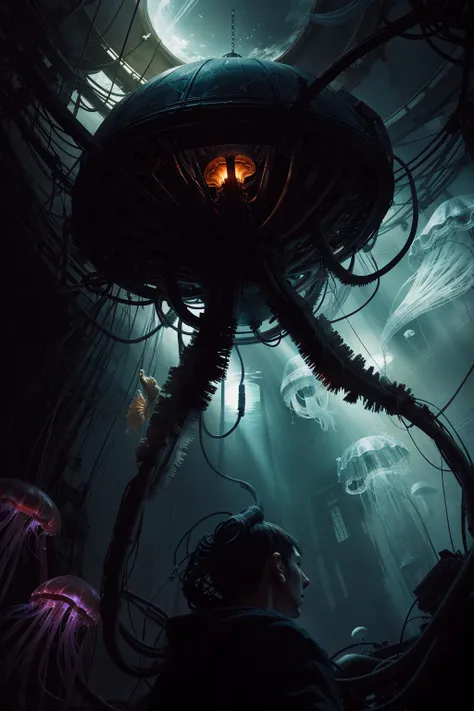 <lora:CosmicEldritchTech-20:1>, a jellyfish, sci-fi horror, dramatic lighting, eldritchtech, cosmic, dark energy