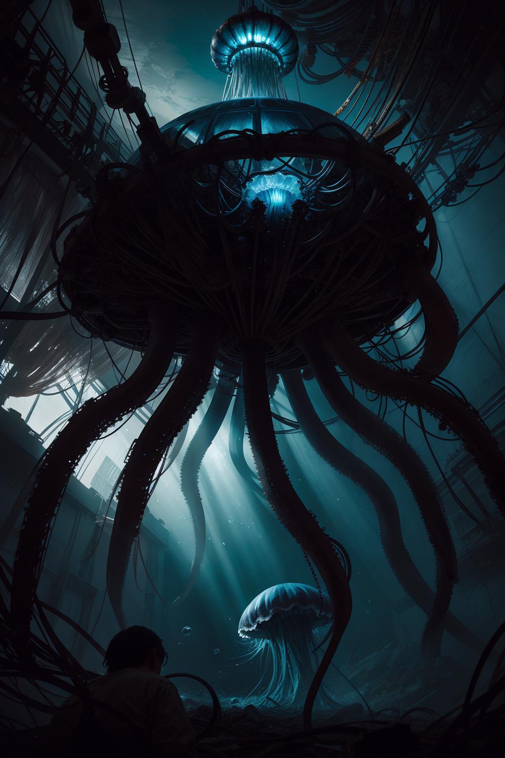 A man standing in front of a giant octopus in a dark room - SeaArt AI