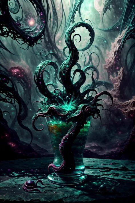 masterpiece, best quality, 16k, 8k, ultra highres, absurdres, highres, dramatic lighting, extremely detailed, highly detailed, intricate details, (product image:1.4), (otherworldly background:1.4)
ADDCOMM
<lora:style-cosmiceldritchtech:1> <lora:add_detail:1.0> <lora:epi_noiseoffset-v2:1.0> a swirling, luminescent eldritchtech cocktail with tendrils of mist and strange, otherworldly ingredients, side view of a beautiful (eldritchtech cocktail:1.1) served in a (weird looking cocktail glass:1.2), by H.P. Lovecraft
ADDBASE
(decorative mint leaf:1.6), eerie fog, (swirly:1.3), cosmic horror, (fractal art:1.6), a kraken in the distant background
ADDROW
(strange ingredients, a slimy tentacle:1.6), (decorative mint leaf:1.3), (slate tabletop:1.4)