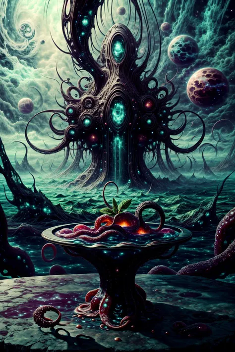 masterpiece, best quality, 16k, 8k, ultra highres, absurdres, highres, dramatic lighting, extremely detailed, highly detailed, intricate details, (product image:1.4), (otherworldly background:1.4)
ADDCOMM
<lora:style-cosmiceldritchtech:1> <lora:add_detail:1.0> <lora:epi_noiseoffset-v2:1.0> a surreal eldritchtech horror cocktail served on a cosmic platter, side view of a beautiful (eldritchtech cocktail:1.1) served in a (weird looking cocktail glass:1.2), inspired by the nightmarish visions of H.R. Giger
ADDBASE
(decorative mint leaf:1.6), eerie fog, (swirly:1.3), cosmic horror, (fractal art:1.6), a kraken in the distant background
ADDROW
(strange ingredients, a slimy tentacle:1.6), (decorative produce:1.3), (slate tabletop:1.4)