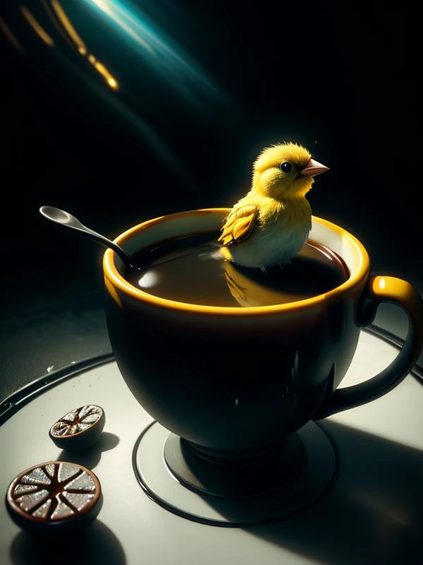 (UHD:1.1), (detailed background visible:1.2),
(cute:0.30) (yellow canary) (bathing:0.60) inside (cup of (black coffee)),,
<lora:CosmicEldritchTech:0.95> eldritchtech, cosmic, dark energy,
(neon:0.40), (darkness:0.70),
(Style: subsurface scattering, (pui), analog style, realistic, film photography, highres photo, cinematic Lighting, trending on artstation),(Photorealistic:1.2),
(detailed), sharp, HDR, high quality, good resolution, maximalist, masterpiece,