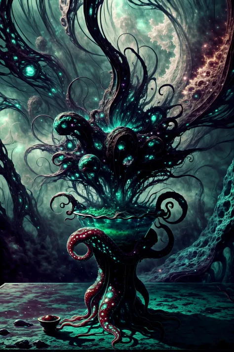 masterpiece, best quality, 16k, 8k, ultra highres, absurdres, highres, dramatic lighting, extremely detailed, highly detailed, intricate details, (product image:1.4), (otherworldly background:1.4)
ADDCOMM
<lora:style-cosmiceldritchtech:1> <lora:add_detail:1.0> <lora:epi_noiseoffset-v2:1.0> a swirling, luminescent eldritchtech cocktail with tendrils of mist and strange, otherworldly ingredients, side view of a beautiful (eldritchtech cocktail:1.1) served in a (weird looking cocktail glass:1.2), by H.P. Lovecraft
ADDBASE
(decorative mint leaf:1.6), eerie fog, (swirly:1.3), cosmic horror, (fractal art:1.6), a kraken in the distant background
ADDROW
(strange ingredients, a slimy tentacle:1.6), (decorative mint leaf:1.3), (slate tabletop:1.4)