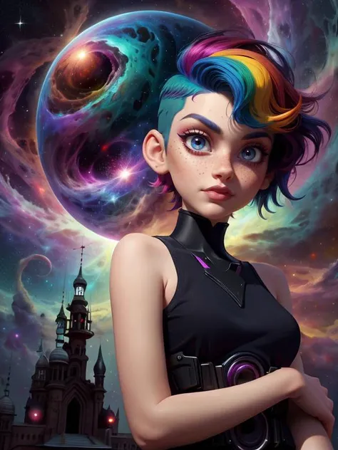 Disney, Pixar Disney, Pixar (Style: trending on artstation, ((high quality:1.2, masterpiece:1.2)) , (8k resolution) , high details, incredibly absurdres, color connection, colorized, colorful, sexy, nsfw, seductive, 3/4 body shot)
(1girl, 25 years old, big eyes, latina face, freckles, (short hair, shaved sides:1.2), multicolored hair, medium breasts)
(backround: eldritchtech, cosmic, dark energy, castle) <lora:CosmicEldritchTech:0.75>