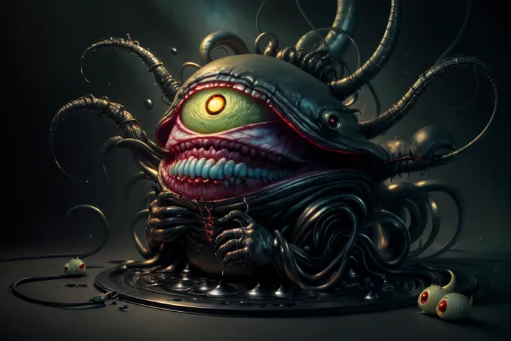 mo1n eldrichtech, Tinycore, Refreshing Grumpy Mustard "Leeching Poison", (designed by Mike Dargas:1.0) , Illustration, F/8, <lora:add_detail:0.25> <lora:CosmicEldritchTech:0.4> <lora:m01n:0.8>