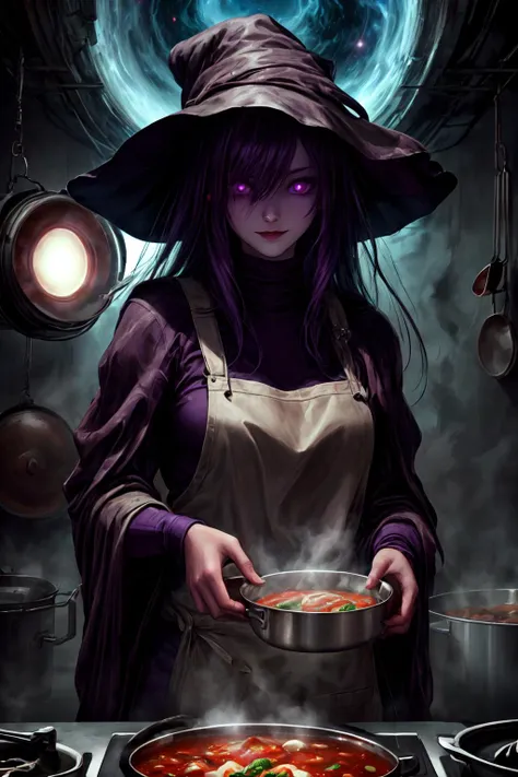 Eldritchtech, wraith, (masterpiece, best quality, photorealistic, beautiful and aesthetic:1.3), half body shot, 1girl, solo, scarry, frightening, cooking soup, big glowing purple eyes, no pupils in eyes, empty eyes, dark hair, cut hair, ((purple skin)), evil smile from ear to ear, standing behind cooker, black witch hat, hands with spoon, cooking apron, hole in ceiling, ((cosmic sky in hole)), saucepans, soups, kitchen background, dark lighting, <lora:more_details:0.6>