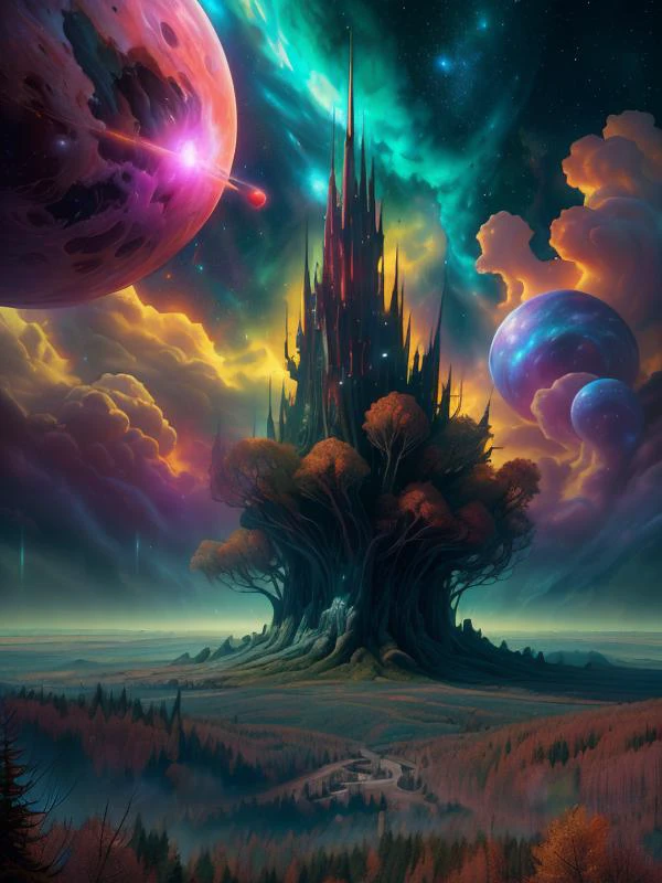 (disney:0. 1), (cartoon:0.1), (pixar:0.4), (3D:1.05),
(UHD:1.1), (detailed background visible:1.2),
(no humans:1.2), scenery, wide view, colorful autumn forest,
<lora:CosmicEldritchTech:0.65> eldritchtech, cosmic, dark energy,
(neon:0.40), (darkness:0.60),
(Style: subsurface scattering, (pui), analog style, realistic, film photography, highres photo, cinematic Lighting, trending on artstation),(Photorealistic:1.2),
(detailed), sharp, HDR, high quality, good resolution, maximalist, masterpiece,