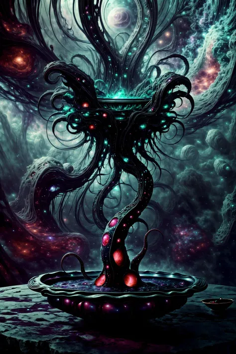 masterpiece, best quality, 16k, 8k, ultra highres, absurdres, highres, dramatic lighting, extremely detailed, highly detailed, intricate details, (product image:1.4), (otherworldly background:1.4)
ADDCOMM
<lora:style-cosmiceldritchtech:1> <lora:add_detail:1.0> <lora:epi_noiseoffset-v2:1.0> a surreal eldritchtech horror cocktail served on a (cosmic platter:1.4), side view of a beautiful (eldritchtech cocktail:1.1) served in a (weird looking cocktail glass:1.2), inspired by the nightmarish visions of (H.R. Giger:1.4)
ADDBASE
(decorative mint leaf:1.6), eerie fog, (swirly:1.3), cosmic horror, (fractal art:1.6), a kraken in the distant background
ADDROW
(strange ingredients, a slimy tentacle:1.6), (decorative alien fruit:1.3), (slate tabletop:1.4)