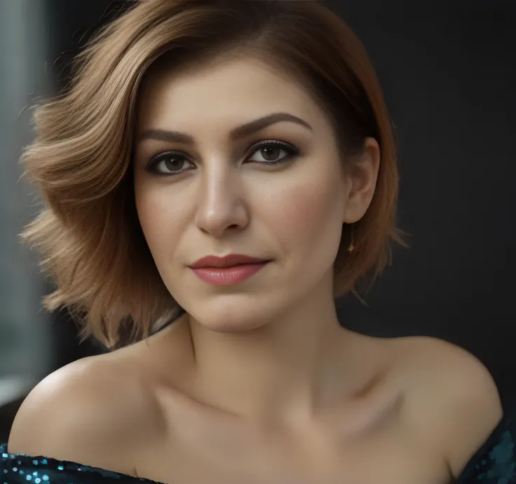 An image of a woman offering a sophisticated over-the-shoulder look towards the viewer. Her body is turned to the side, and she turns her head to make eye contact with the camera. Her left hand touches her cheek, with her thumb resting on her chin. Her hair is styled in an updo with soft tendrils by her face. She has freckles across her nose and cheeks, and her makeup highlights her eyes and lips subtly. She wears a dark off-the-shoulder dress with sequined accents on the neckline and sleeves <lora:Selwa:1.1>