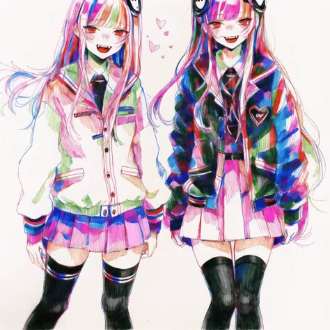 <lora:tmari:1>, tmari, sketch, traditional media, ballpen drawing, white background, 2girls, bangs, black legwear, fangs, headgear, heart, highres, jacket, long hair, long sleeves, mechanical arm, multicolored hair, multiple girls, open mouth, pink hair, red eyes, streaked hair, thigh-highs