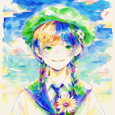 <lora:tmari:1>, tmari, sketch, traditional media, ballpen drawing, white background, 1boy, androgynous, bangs, beret, black hair, blue hair, bow, braid, brooch, clouds, cloudy sky, collared cape, collared shirt, day, flower, gem, gradient hair, green eyes, green headwear, hat, hat flower, highres, holding, holding flower, jewelry, leaf, looking at viewer, male focus, multicolored hair, shirt, short hair with long locks, side braids, sidelocks, sky, smile, solo, twin braids, white flower, white shirt, xzorq