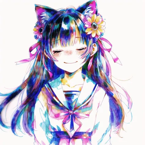 <lora:tmari:1>, tmari,  sketch, traditional media, ballpen drawing, white background,  1girl, animal ear fluff, animal ears, bangs, black hair, black hairband, blue dress, blush, cat ears, closed eyes, closed mouth, collarbone, dress, eyebrows visible through hair, facing viewer, fake animal ears, flower, hair between eyes, hair flower, hair ornament, hairband, hands up, heart, highres, long hair, long sleeves, neck ribbon, paw pose, pink flower, red ribbon, ribbon, school uniform, simple background, sleeveless, sleeveless dress, smile, solo, v-shaped eyebrows, very long hair, white background, >:\), > <