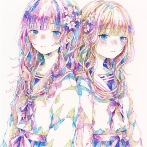 <lora:tmari:1>, tmari, sketch, traditional media, ballpen drawing, white background, 2girls, brown hair, cherry blossoms, cover, cover page, doujin cover, drill hair, hair ribbon, japanese clothes, long hair, looking at viewer, multiple girls, on bed, pink hair, ribbon, violet eyes