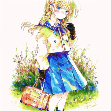 <lora:tmari:1>, tmari, sketch, traditional media, ballpen drawing, white background, 1girl, bag, blonde hair, blue eyes, blue jacket, blue umbrella, blush, boots, braid, brooch, brown background, brown footwear, brown gloves, bug, closed mouth, dress, eyebrows visible through hair, gloves, grass, grasshopper, hair ribbon, holding, holding bag, jacket, jewelry, light brown background, long hair, looking up, necklace, red ribbon, ribbon, saiguchi otoufu, simple background, skirt, solo, suitcase, umbrella, white dress, white skirt